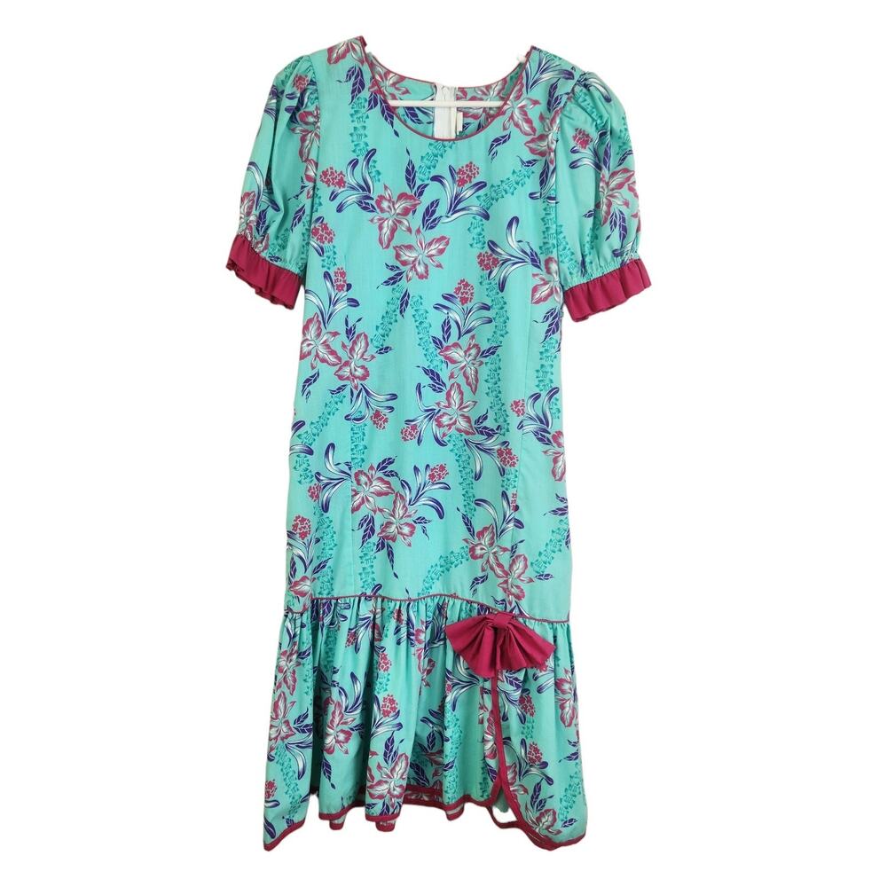 Vintage 80s Hawaiian Drop Waist Dress Tropical Floral Bow Pink Blue Medium